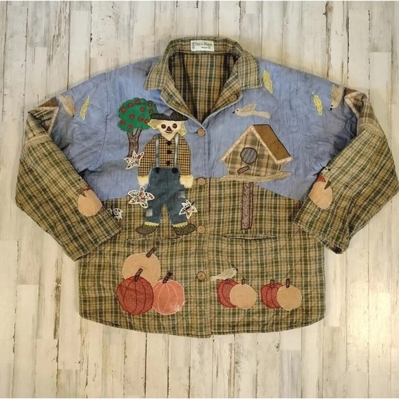 Vintage Patch Magic Reversible Jacket One Size Quilted Fall Granny Scarecrow - Picture 1 of 14
